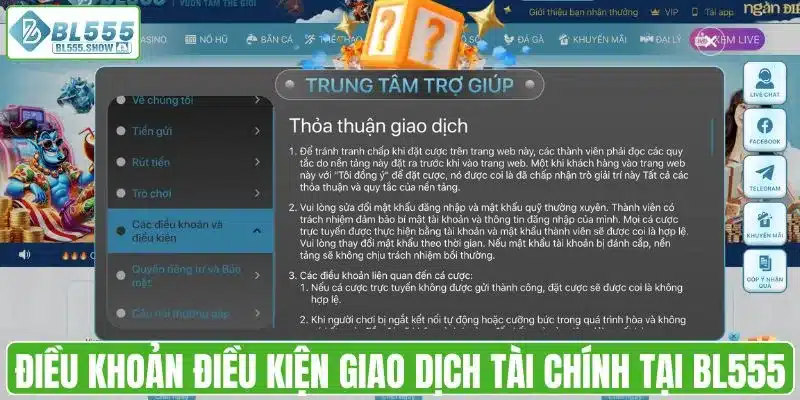 Điều khoản điều kiện giao dịch tài chính tại BL555